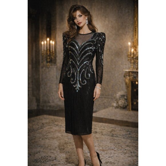 Vintage 1980s AJ Bari Womens Cocktail Dress Sz Small Black Silk Beaded Sequins - Picture 2 of 16